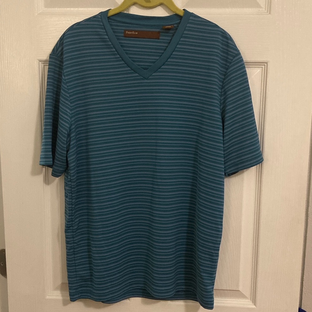 Perry Ellis Men's Teal Striped V-Neck Tee